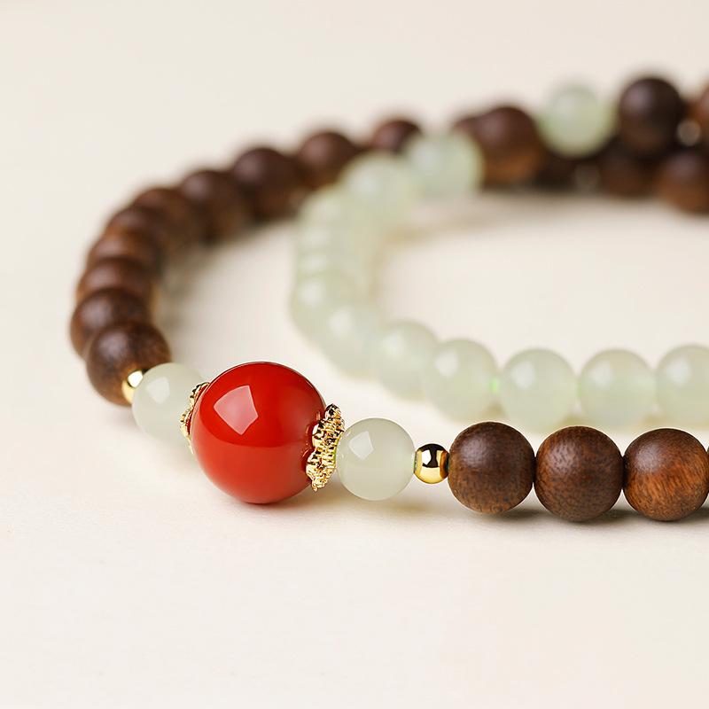 Agarwood & Hetian Jade Women's Bracelet Gift: Half Mountain Half Water Design with Lucky Southern Red Beads