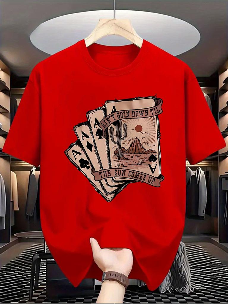 Men'S Casual Crew Neck T-Shirt with Playing Card Graphic,  Knit Fabric, Slight Stretch, Regular Fit, Summer Top for Daily Wear