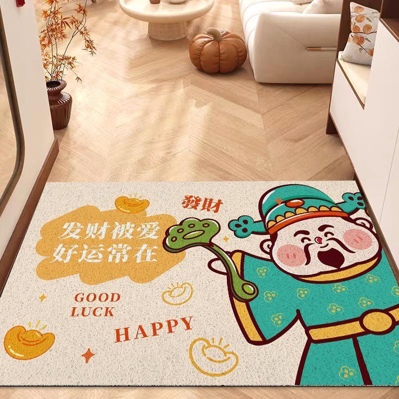 Prosta wycieraczka pod drzwi wejściowe Bóg Bogactwa, antypoślizgowa na drzwi wewnętrzne, odporna na zabrudzenia i łatwa w pielęgnacji, podkładka pod stopy z pierścieni jedwabnych, usuwanie kurzu z wejścia