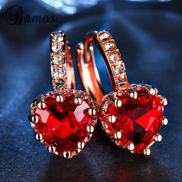 

Серьги из желтого розового золота в форме сердца с красным кристаллом, подарок для женщин, модные ювелирные изделия, подарки розового золота/красный