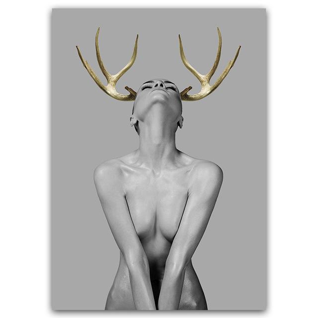 

Современный стиль, сексуальная женщина и золотой оленьий рог, холст, живопись, постеры, настенные панно для гостиной, дома, украшение Cuadros 21*30cm