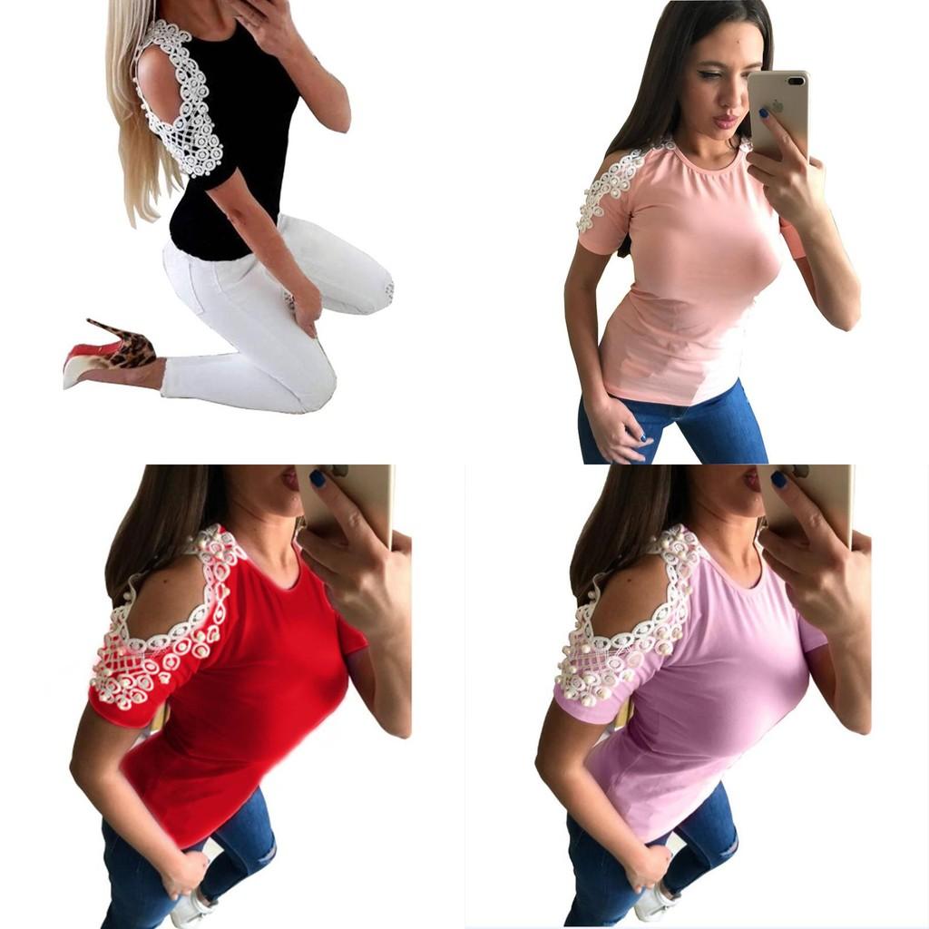 Trendy Women Short Sleeve Off Shoulder Lace Splice Blouse With Comfortable Fit