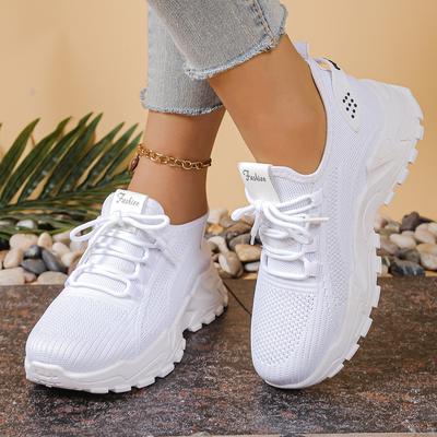Fashion Clean - Fit White Mesh Platform Sneakers | Breathable Lace - Up Daily Commute Sports Shoes