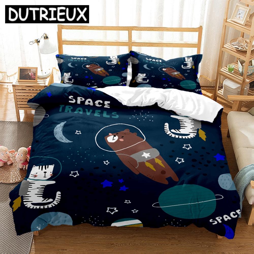 King/Double Size Hd Print Space Animals - Themed Bedding Set With Duvet Covers And Pillowcases For Children'S Beds
