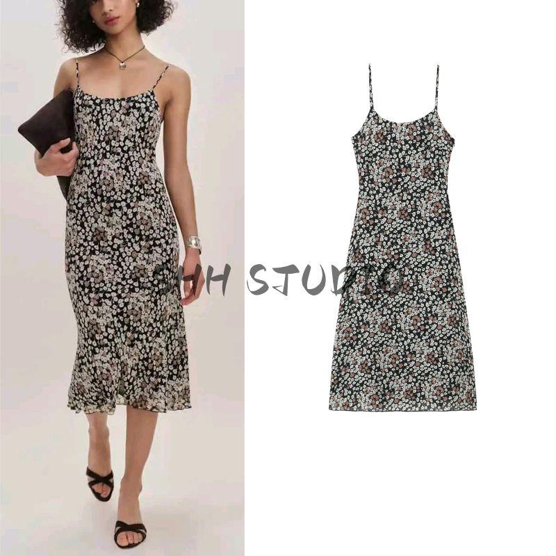 Summer New Product Women's Clothes French Vintage Style Printed Waist-Controlled Slimming Long Sheath Fishtail Sling Dress