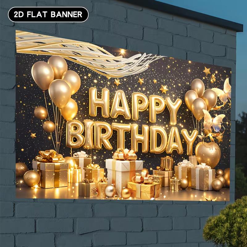 2D Flat Black Gold Birthday Backdrop Luxury Golden Theme Party Background for Photoshoot