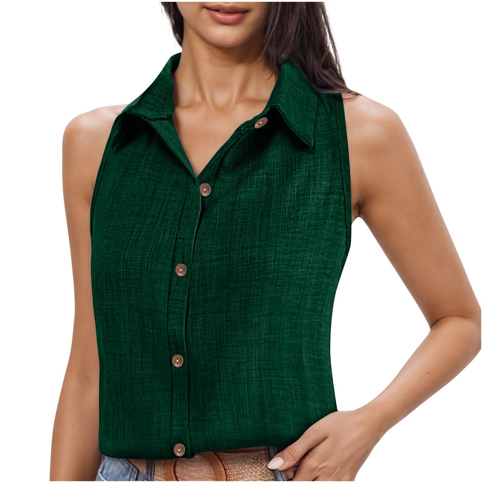 

Женская модная свободная однотонная рубашка из хлопка и льна с пуговицами и лацканами без рукавов L зелёный