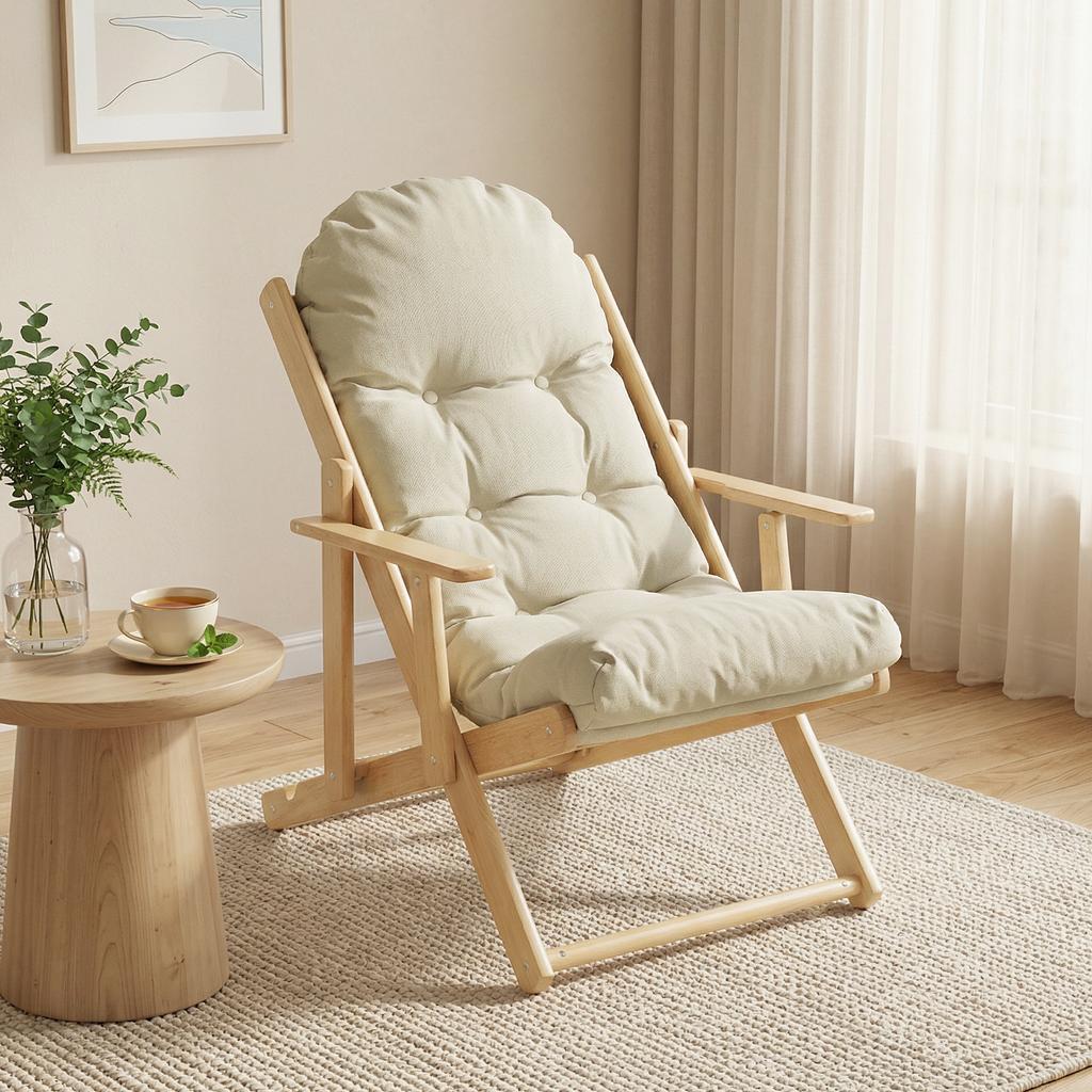 Folding Wooden Lounge Chair, Reclining, Padded Cushion