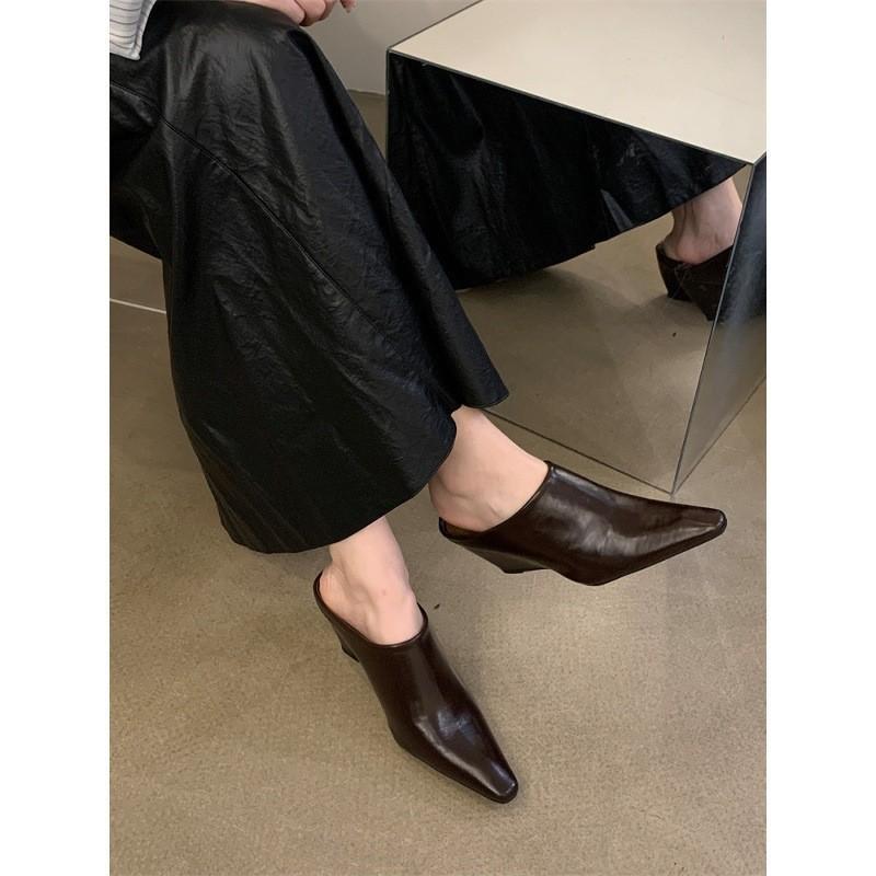 European and American bag head half slippers women's small square head wedge heel high heel sandals fashion wear thick heel lazy muller shoes