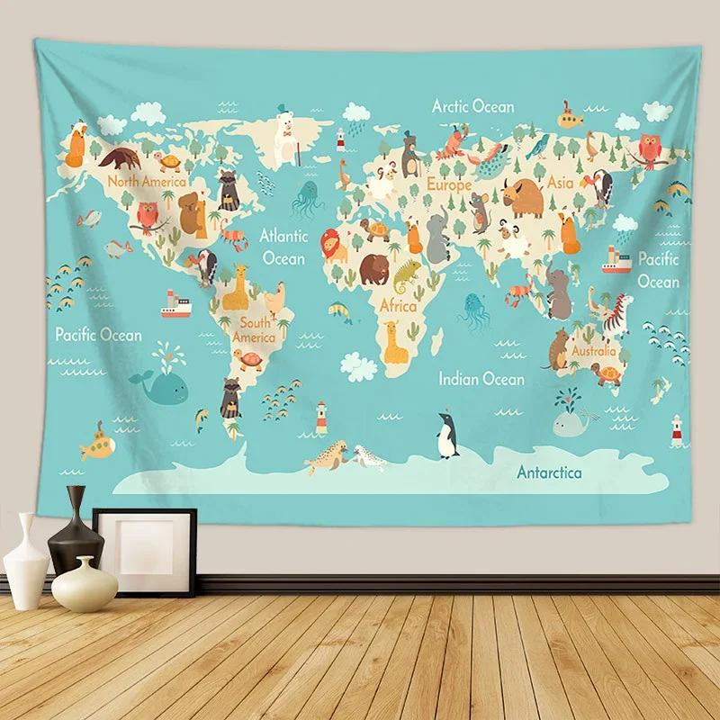 Nordic Style Animal World Map Tapestry Wall Hanging Children's Room Living Room Decor Beach Towel Thin Blanket Yoga Shawl Mat