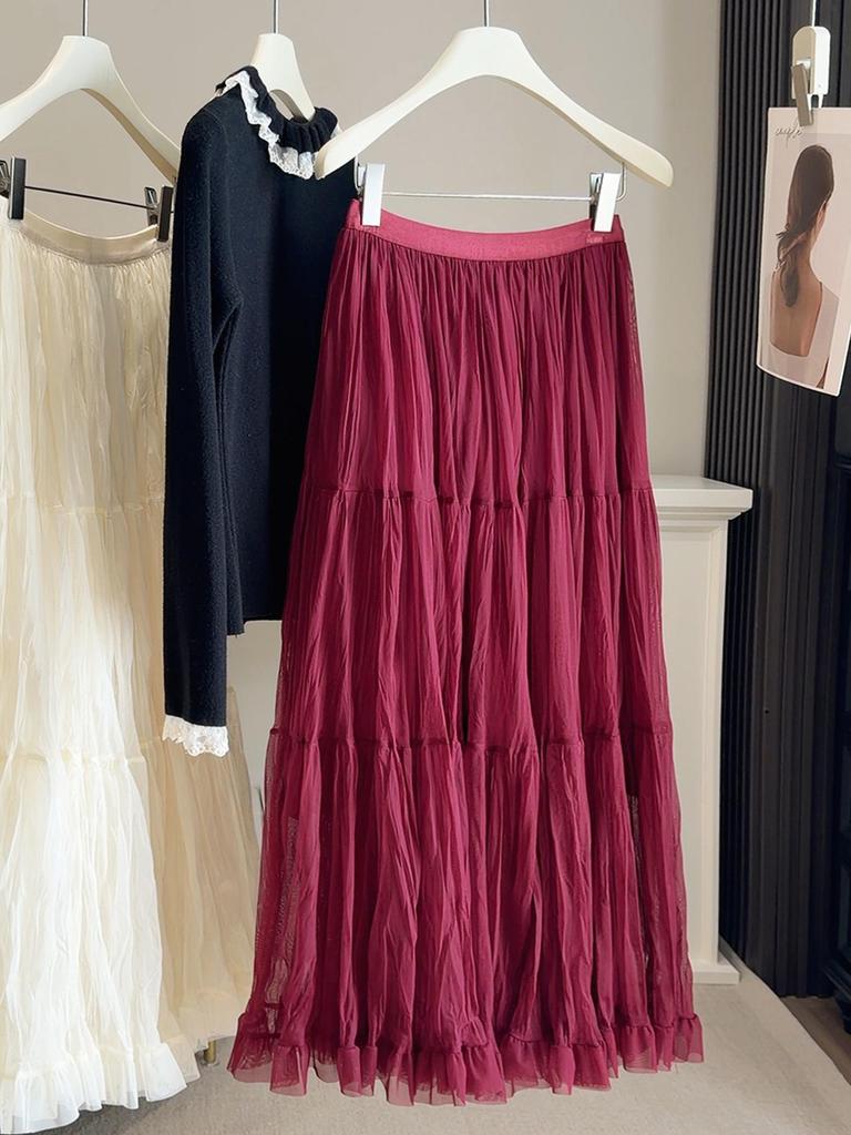 Korean-Style Loose Elastic Waist Pleated Skirt: Spring/Autumn Slim Fit, Gentle Large Hem, Long Skirt for Women