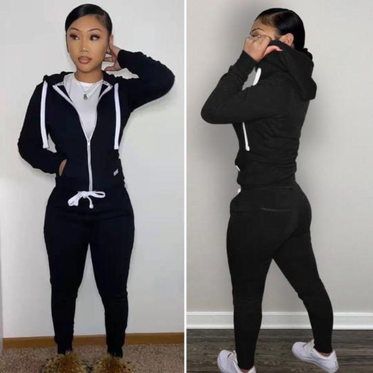 2Pcs Winter Women Tracksuit Set Fleece Lining Hooded Sweatshirt Coat with Long Sleeves Pockets Zipper Placket Elastic Waist Jogging Fall Solid Color