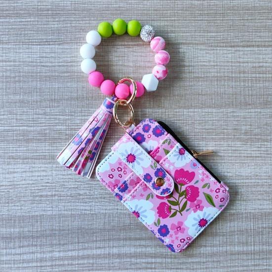 Ladies Floral Wristlet Wallet Boho Style Coin Purse Keychain with Tassel Elastic