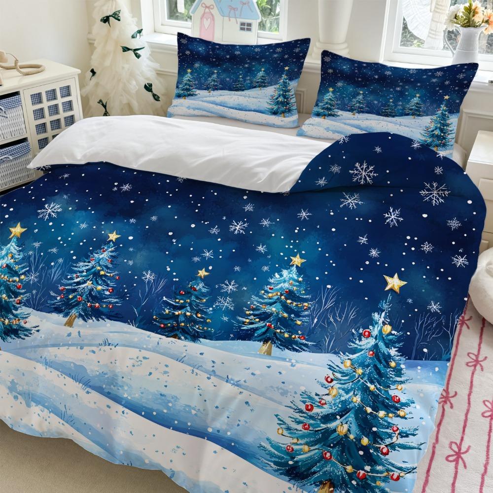 3pcs Blue Bedding Set Snowflakes Print Cozy Soft Duvet Cover King Queen Twin Size for Home Bedroom Decor New Year Christmas Gift