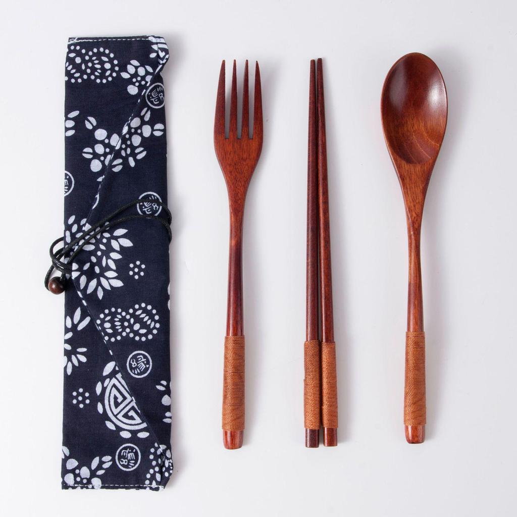 Japanese Wooden Portable Tableware Set: Long-Handled Spoon, Fork, and Chopsticks - Korean Style Three-Piece Set for Outdoor Use.