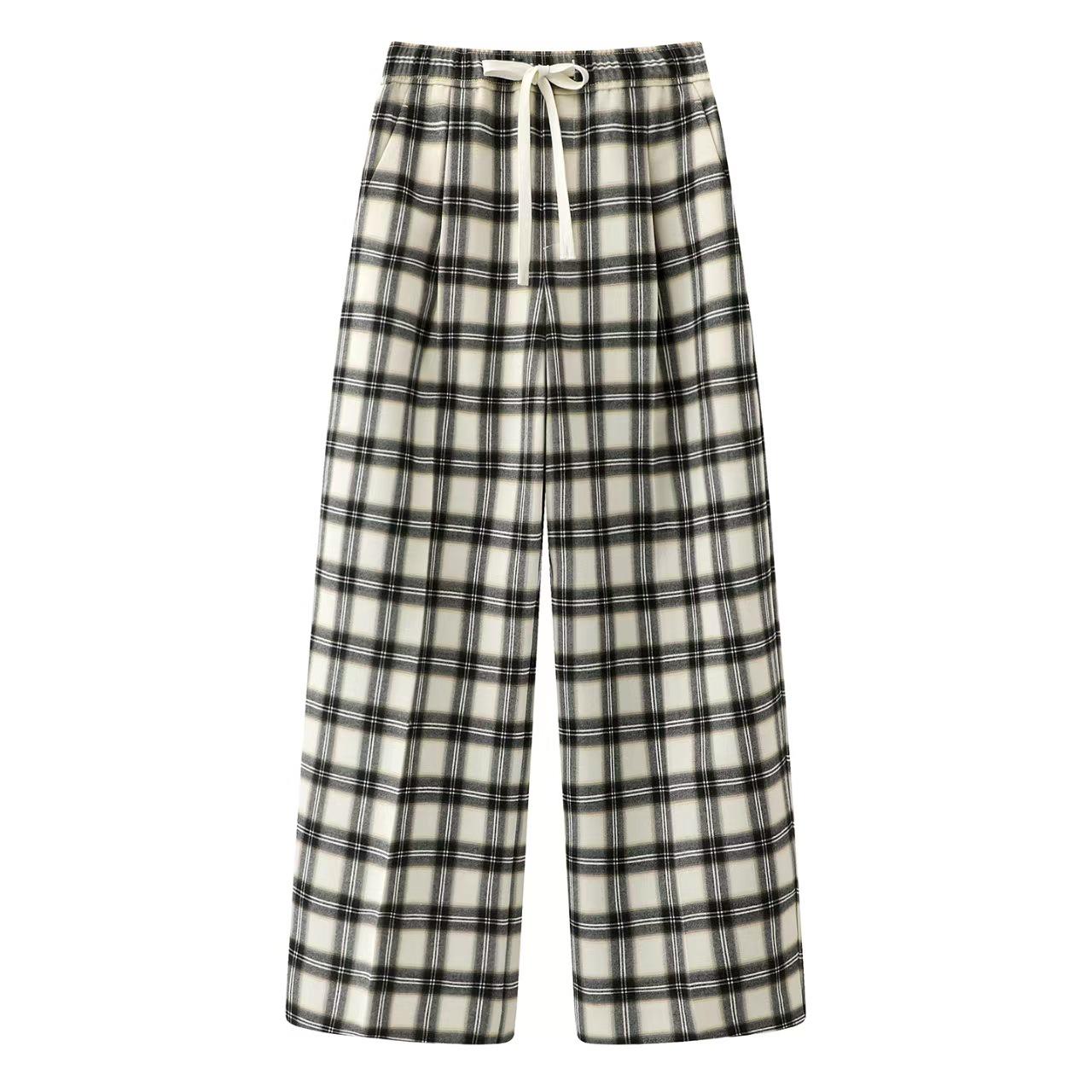 In-Stock 2025 Winter Slimming Welsh Plaid High-Waisted Drawstring Casual Pants M