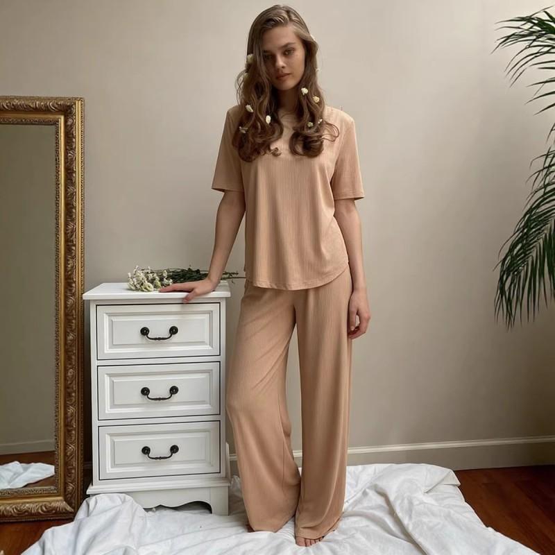 2026 Soft Modal Set Women Casual Short Sleeve Top Wide Leg Pants Two Piece