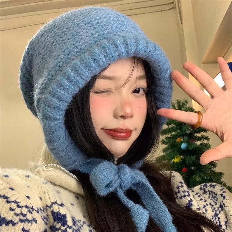 

Women Messenger Bag Knit Hat Korean Girl Woolen Earmuffs Cap Dual-use Plush Beanies Winter Warm Ear Protection Headgear one size