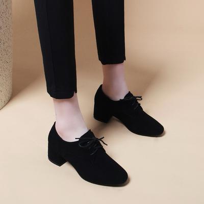 Rundkopf tiefmündige Einzelschuhe Damen Frühling neu Schnürschuhe dicker Absatz Damenschuhe schwarz Arbeitsschuhe Damen Schafslederschuhe
