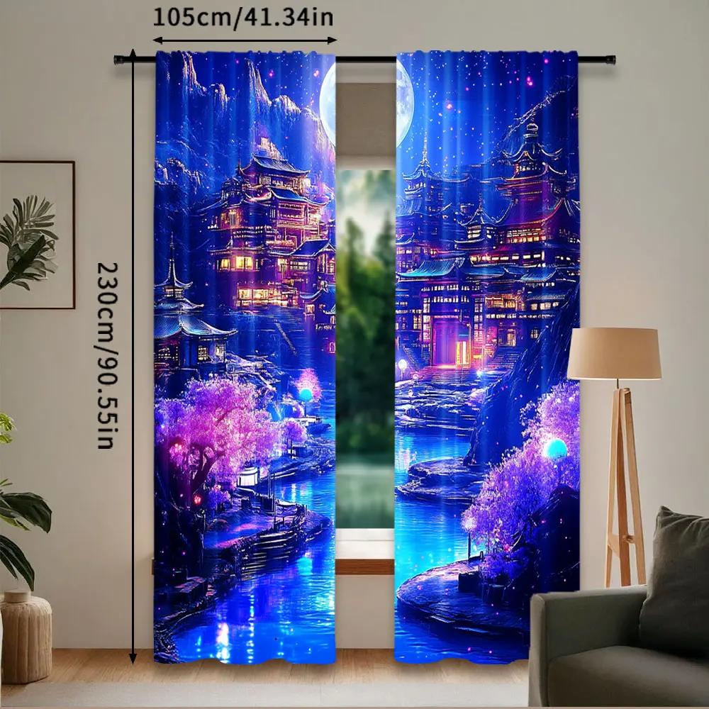 Set Of 2 Fantasy Landscape Curtain Bedroom Moonlight Mountain Castle Water Floral Room Decor Nature Aesthetic Living For Made Polyester