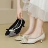 Temperament bow new high heels women's knitted woven shoes square head light mouth cat heel single shoes