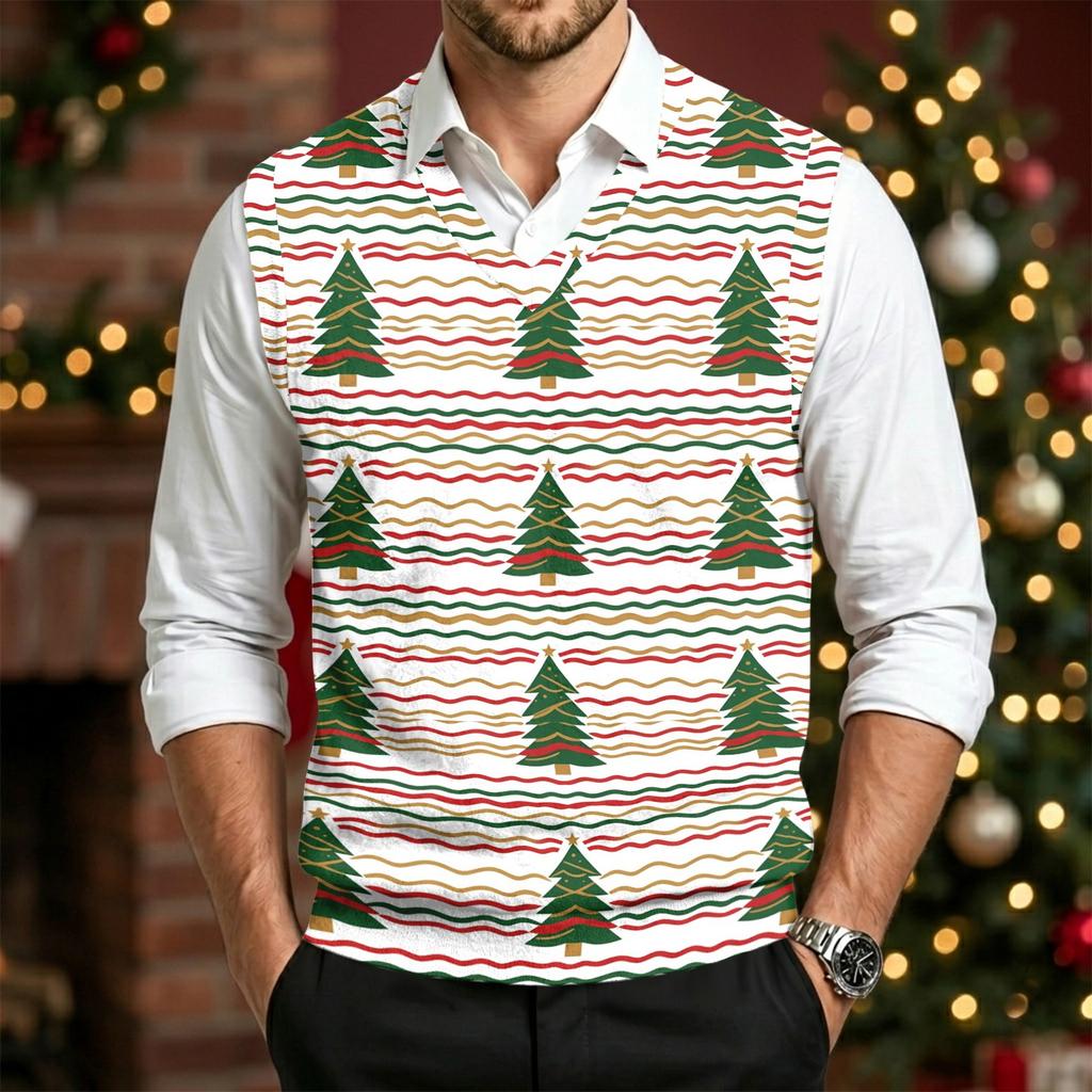 Herre Uld V-hals Strikket Sweater Vest, Juleprint Ærmeløs Pullover til Feriependling