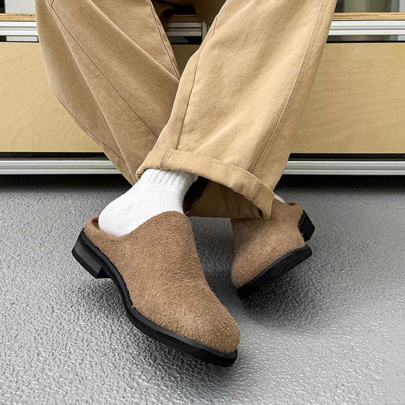 Niche design Baotou half slippers men's flip fur round head half drag 91519 long hair brown, green, yellow -J