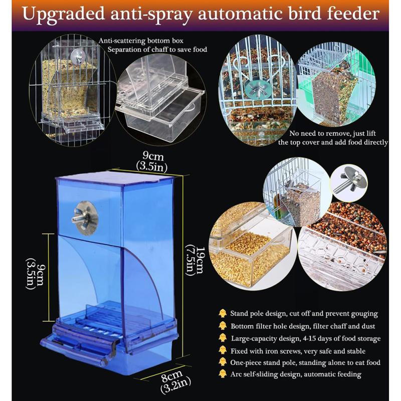 თუთიყუში საკვების ყუთი ნაპერწკლების საწინააღმდეგო რკალის ფორმის თვითმმართველობის მოცურების დიზაინი ავტომატური მიმწოდებლის კვების დისპენსერი Pet Bird