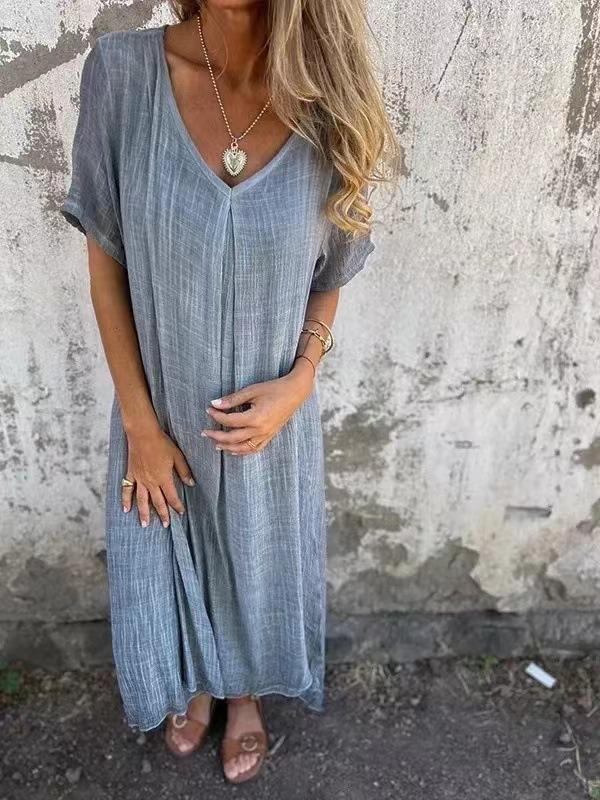 Summer New Women's Fashion Cotton and Hemp V-neck Dress for Women