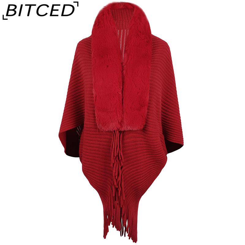 BITCED Autumn/Winter Fringe Shawl with Fur Collar – Women's Knitted Cape Coat