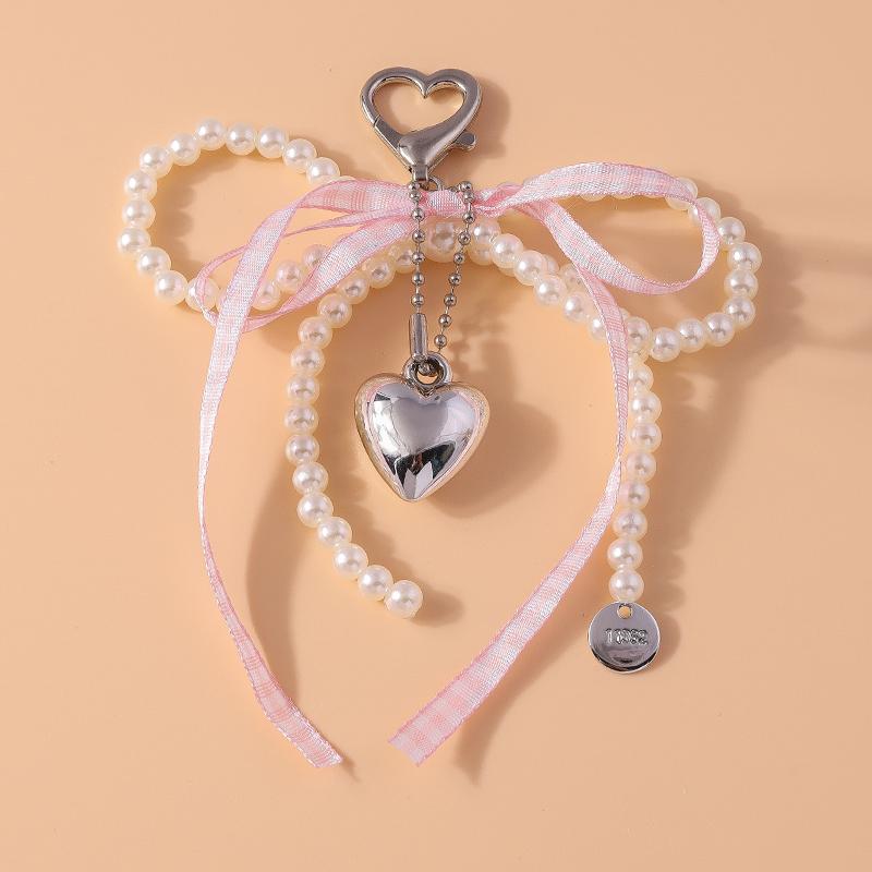 Pretty Handmade Pearl Bowknot Keychain for Women Girl Love Heart Key Ring Pendant Handbag Accessories DIY Jewelry Gift