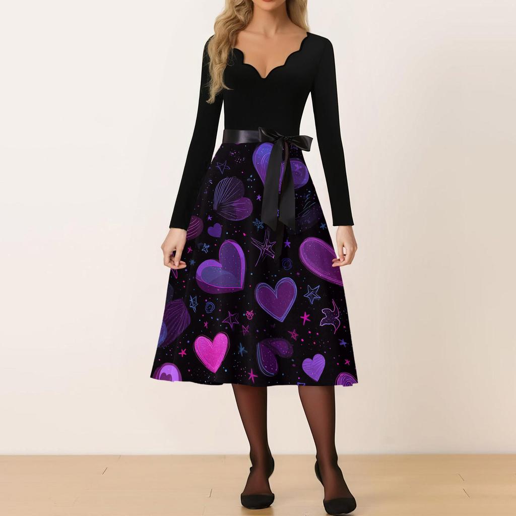 Damen Freizeitmode V-Ausschnitt Valentinstag Print Retro Kleid
