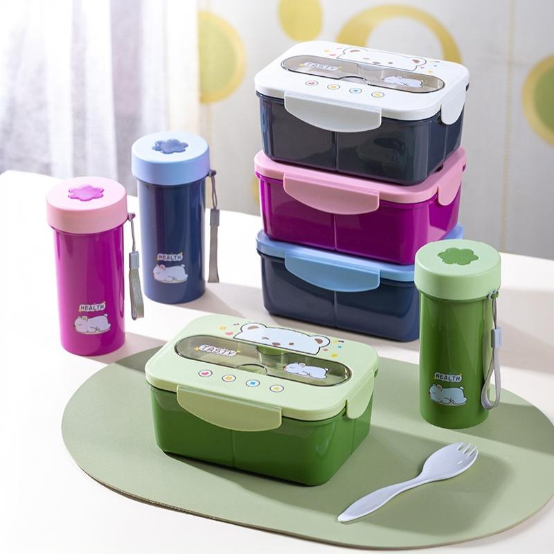 Cartoon Lunch Box Mug Set Portable Plastic Bento Box With Fork Kids Lunch Box Food Storage Container Food Holder