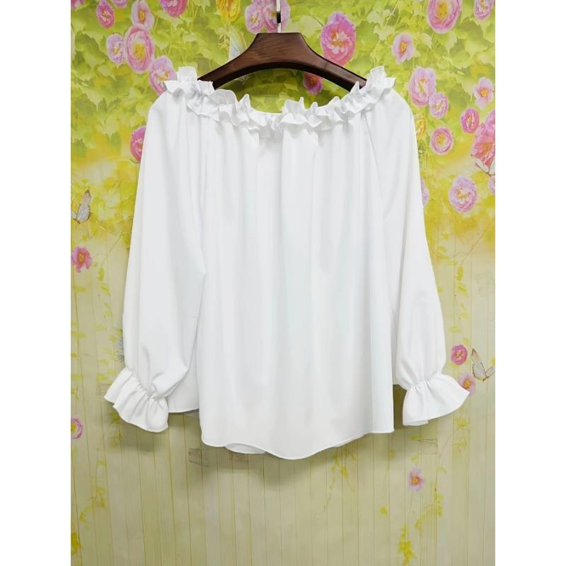 Elegant Fashion Casual Off-the-shoulder Women Blouse Long Sleeved Loose Simple Ruffled Shirt Office Ladies Tops Solid Color Tops