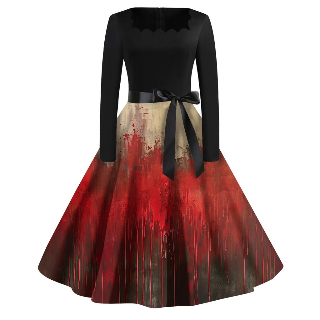 Women's Casual Fashion Halloween Printed Square Neck Vintage Dress