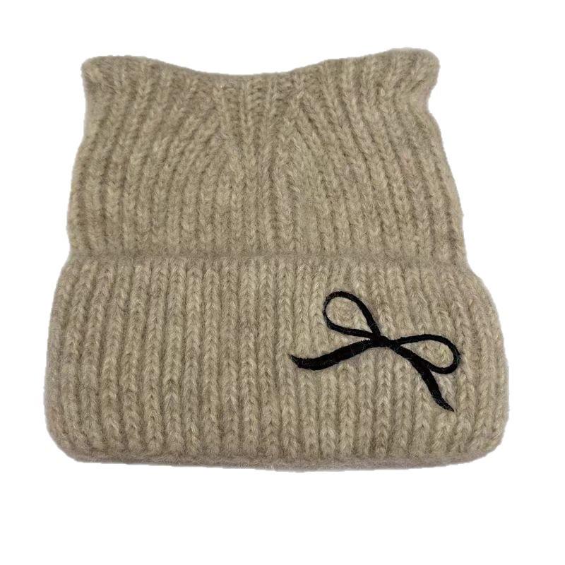 Unisex Cute Cat Ears Knitted Beanie - Warm Embroidered Wool Hat for Autumn & Winter