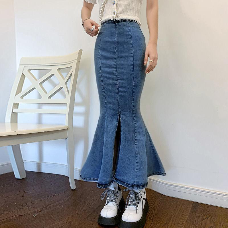 Elegant Woman Large Size Fishtail Skirt Thin Summer High Waist Ruffled Open Fork Package Hip Female Versatile Comfortable Fashion Denim Bustier Skirt