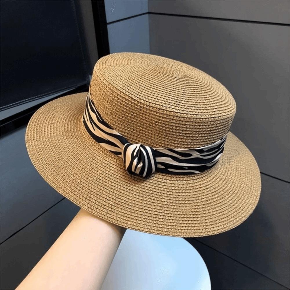 With Leopard Print Belt Straw Woven Hat Wide Brim Women's Sun Hat Retro Sunscreen Bucket Hat  Beach