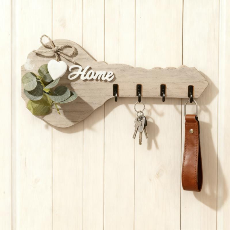 1PC Wooden "Home" Key Holder Wall Decor With Heart Embellishments And 4 Hooks - Stylish Modern Party Home Decor