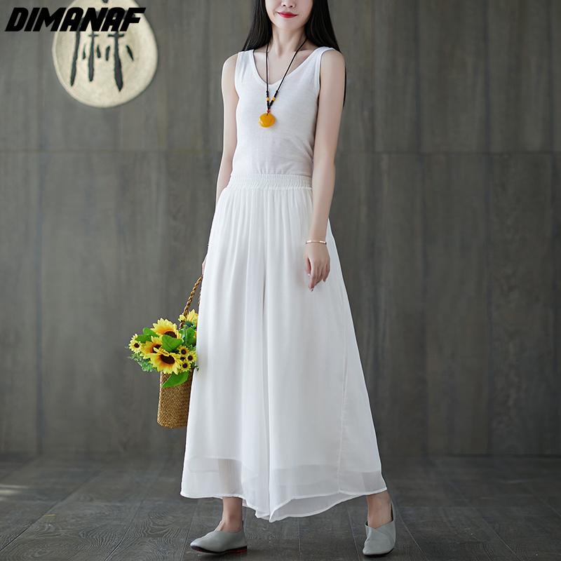 DIMANAF Plus Size 2021 Women Linen Pants Elastic Vintage Korea Basic Female Solid Fashion Slacks Wide Leg Oversize Loose Pants