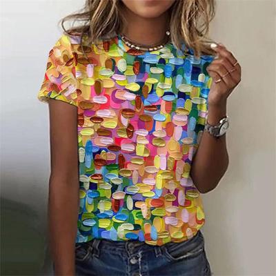 Summer Round Neck 3D Drawing Board Colorful Print Top Fashionable Casual Short Sleeved Women's T-shirts
