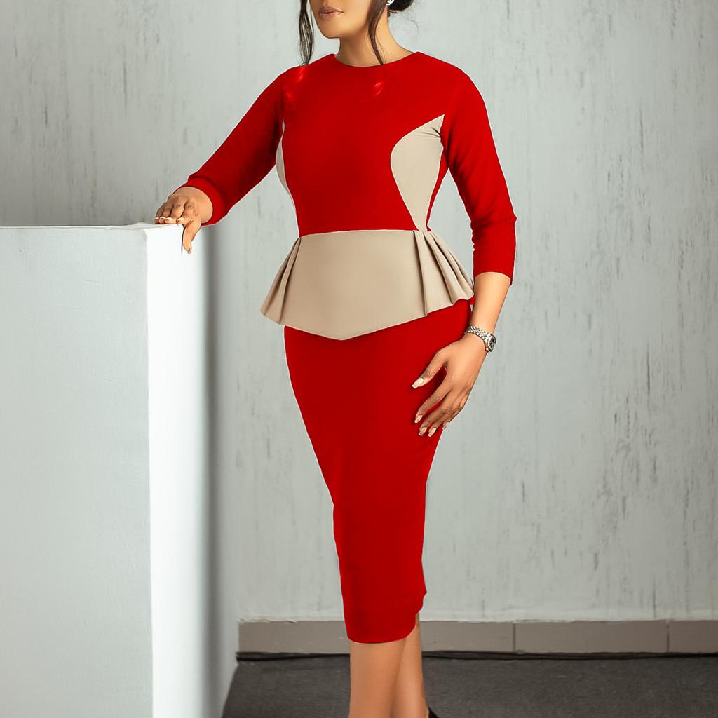 Women's Clothing Autumn and Winter New Fashion Temperament Elegant Color Matching OL Tongle Hip Wrap Dress