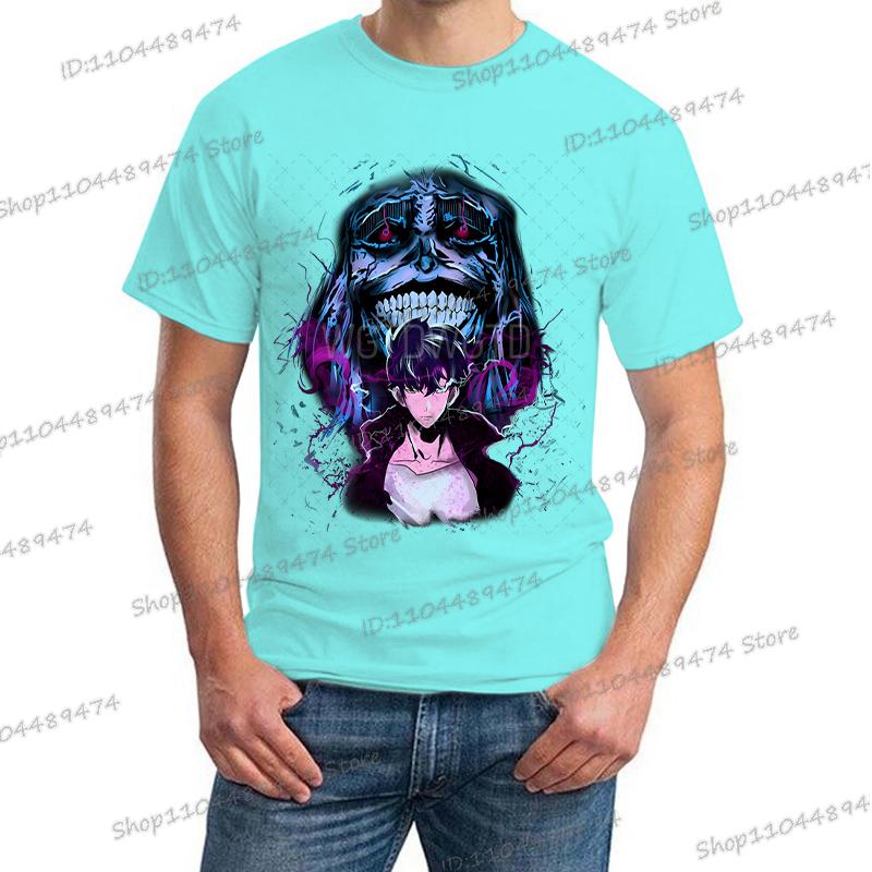 Japanese Anime Solo Leveling T Shirt Men Sung Jinwoo God Statue Cartoon Graphic Tees Harajuku Short Sleeve High Quality Tshirt