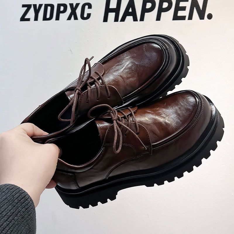 2025 New Brown Leather Men Trendy American Style Height-Increasing Chunky Stylish Thick Sole Hot-Selling Derby Shoes