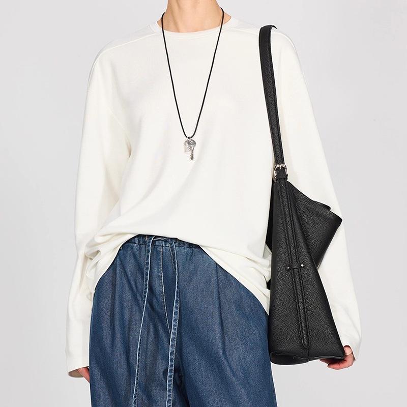 High-Density Warm Fleece Minimalist Color Block Right Angle Shoulder Long Sleeve T-Shirt Medium