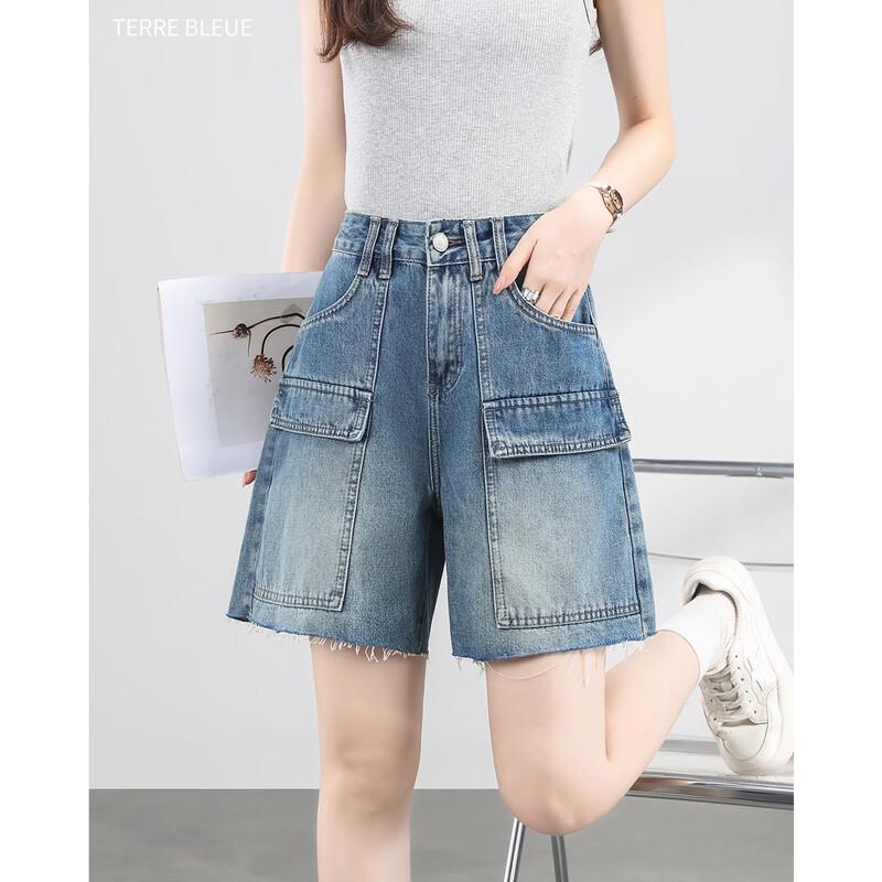 TERRE BLEUE Women s High-Waist A-Line Denim Shorts 30