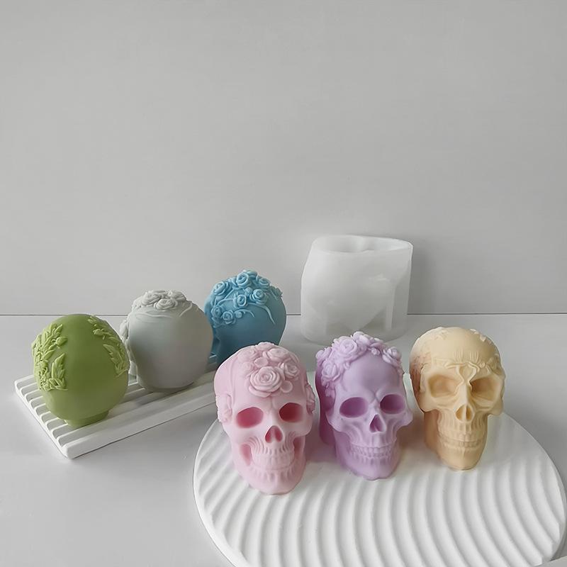 3D Rose Flower Skull Candle Mold Silicone Soap Candle Polymer Clay Plaster Making for Home and Office 3D Halloween Decoration