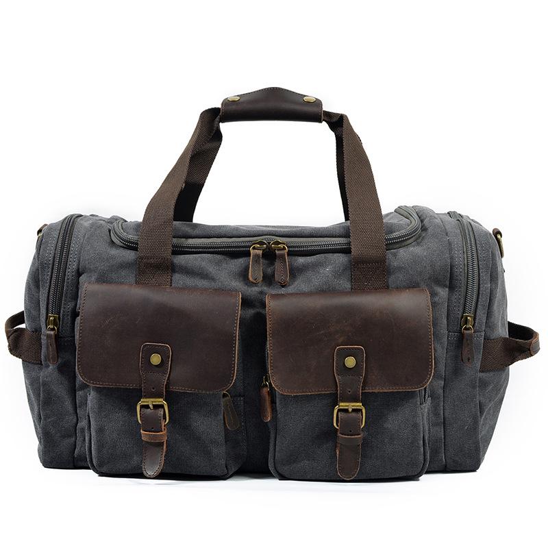 Men s Crazy Horse Leather Canvas Travel Bag - Large Capacity Retro Zipper Luggage Bag 19-inch темно-серого