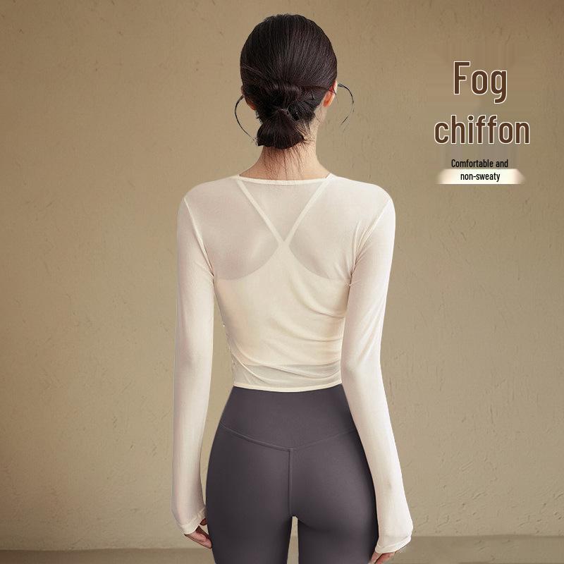 Women's Mesh Two-Piece Yoga Top with Chest Pads - Slimming, Versatile for Pilates and Fitness.