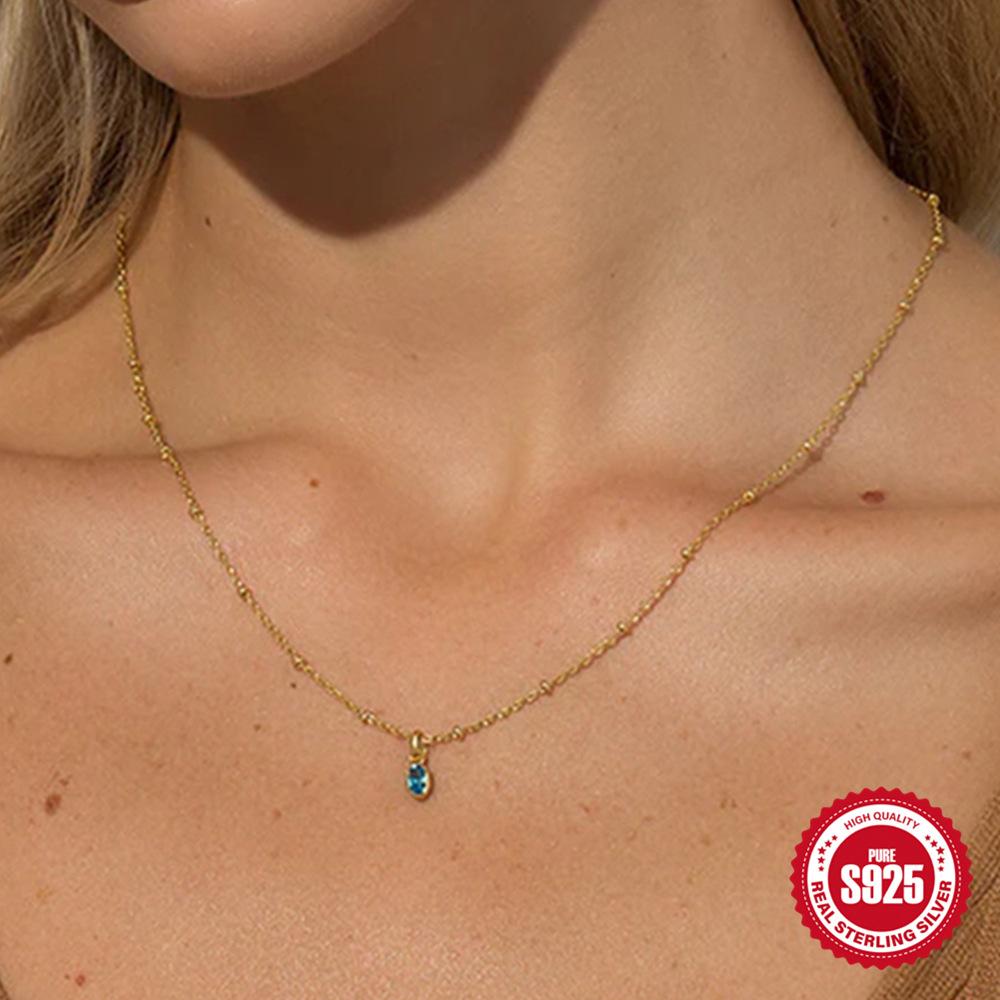 S925 Sterling Silver Temperament Versatile Gemstone Diamond Women'S Premium Blue Diamond Clavicle Necklace